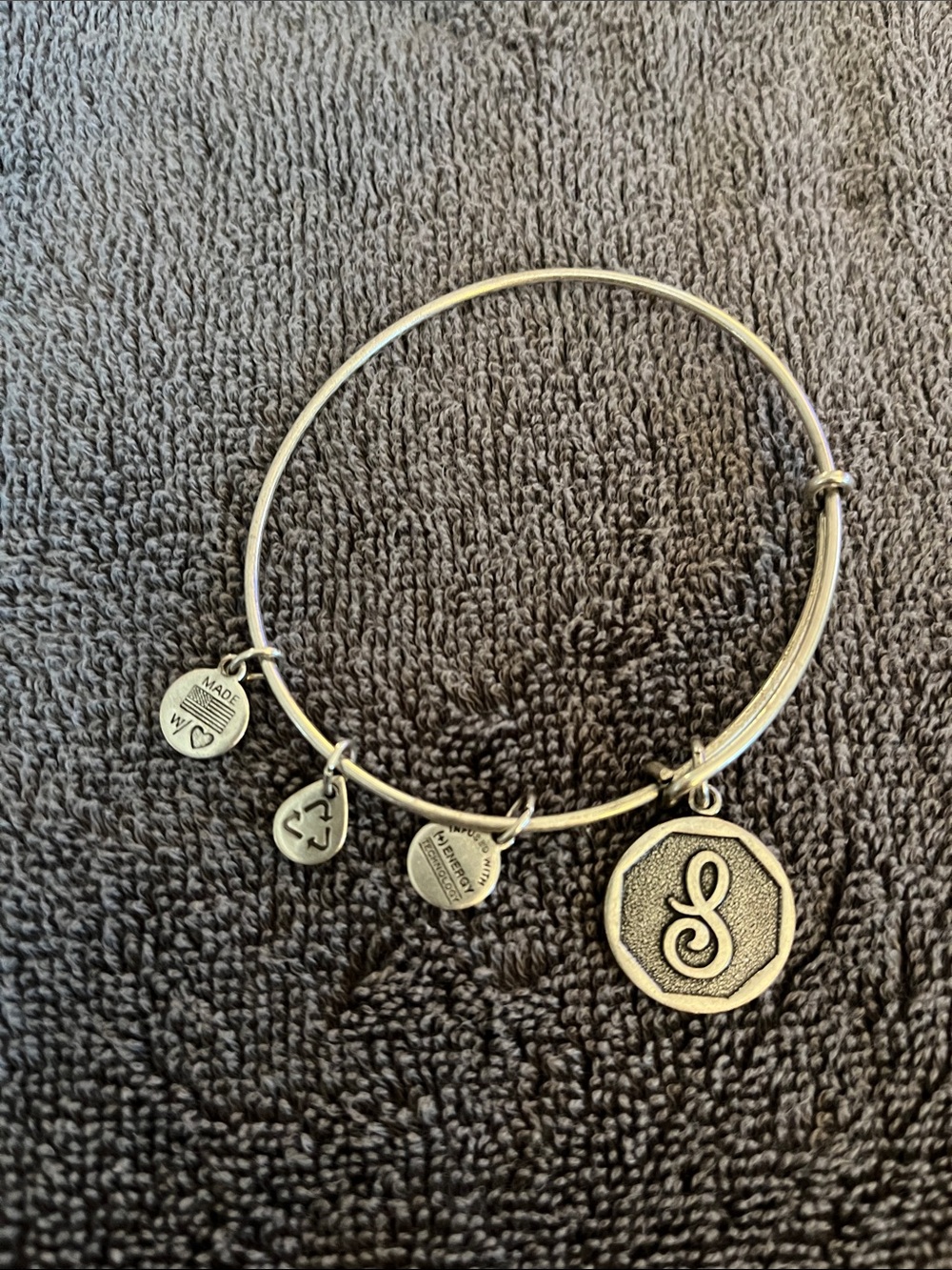 Alex & Ani Silver Charm Bangle with Script 'S' Medallion